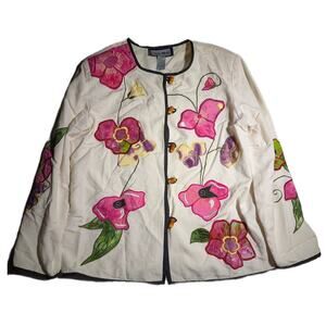 Vtg Y2K Indigo Moon Ivory Pink Floral Applique Black Piping Collarless Jacket S